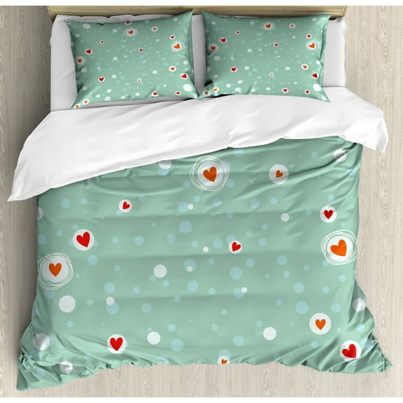 Aqua Duvet Cover Set, Sketchy Circles with Hearts and Abstract Dots with Turquoise Backdrop Image, Decorative 3 Piece Bedding Set with 2 Pillow Shams, King Size, Seafoam Orange White, by Ambesonne