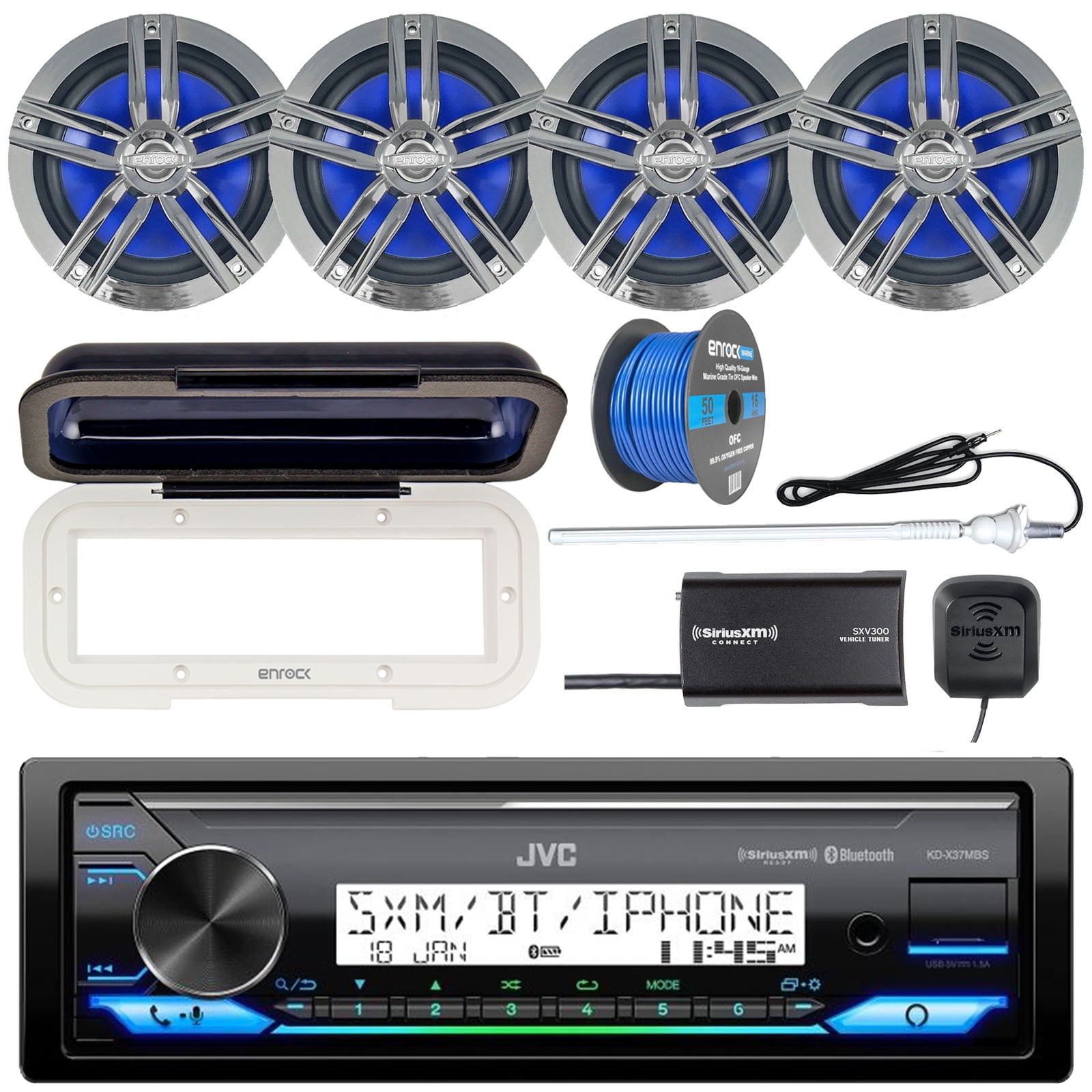 4x 6.5" White Speakers JVC Marine Bluetooth CD Radio w/ Cover & Antenna Wire 