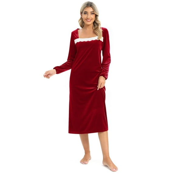 EFINNY Women's Soft Velvet Nightgowns Robe Long Sleeve Full Length Sleepdress Square Collar Sleepwear Autumn Winter Warm Bathrobe Nightdress,S-XXL