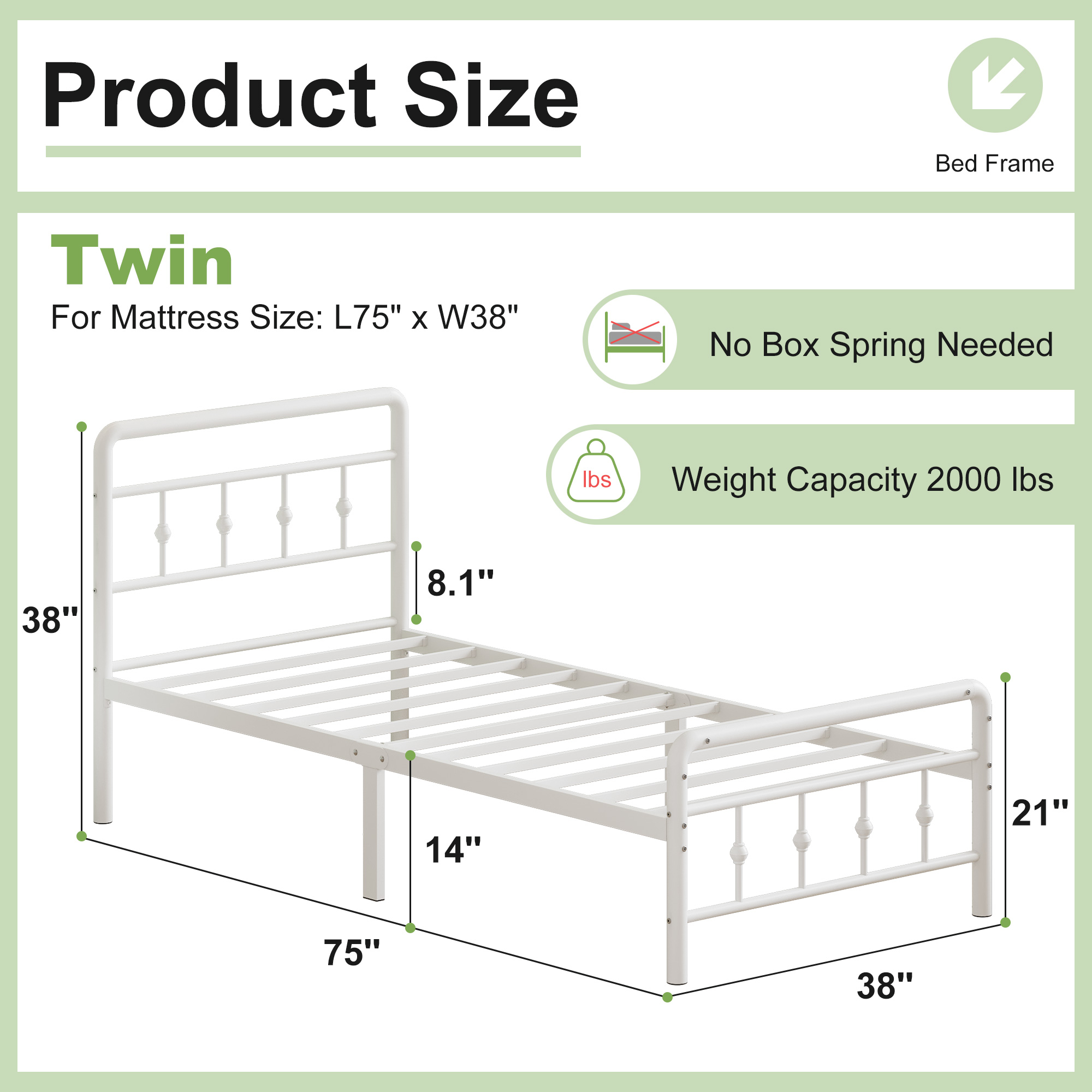 Maenizi, 16 Inch Tall Twin Bed Frame, Heavy Duty Metal Platform