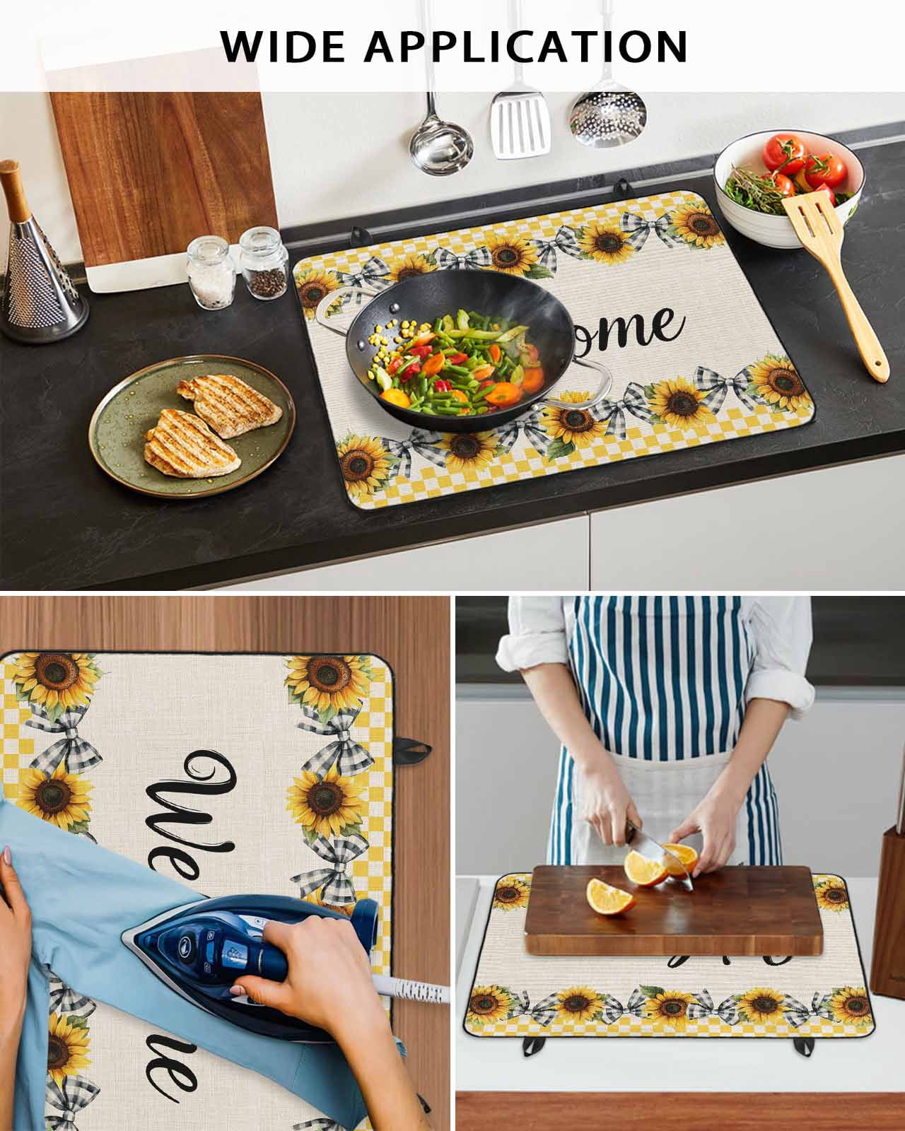 nqOlkjepod Large Induction Cooktop Protector Mat 24"x21", Yellow Sunflower Plaid Stove Top Covers for Electric Stove, Bows Beige Vintage Pastoral Stove Burner Cover Mats, Glass Top Stove Cover