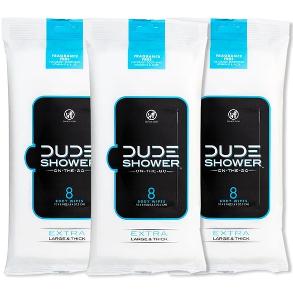 DUDE Wipes - On-The-Go Shower Wipes - 3 Pack, 24 Count - Unscented Extra-Large - Vitamin E & Aloe