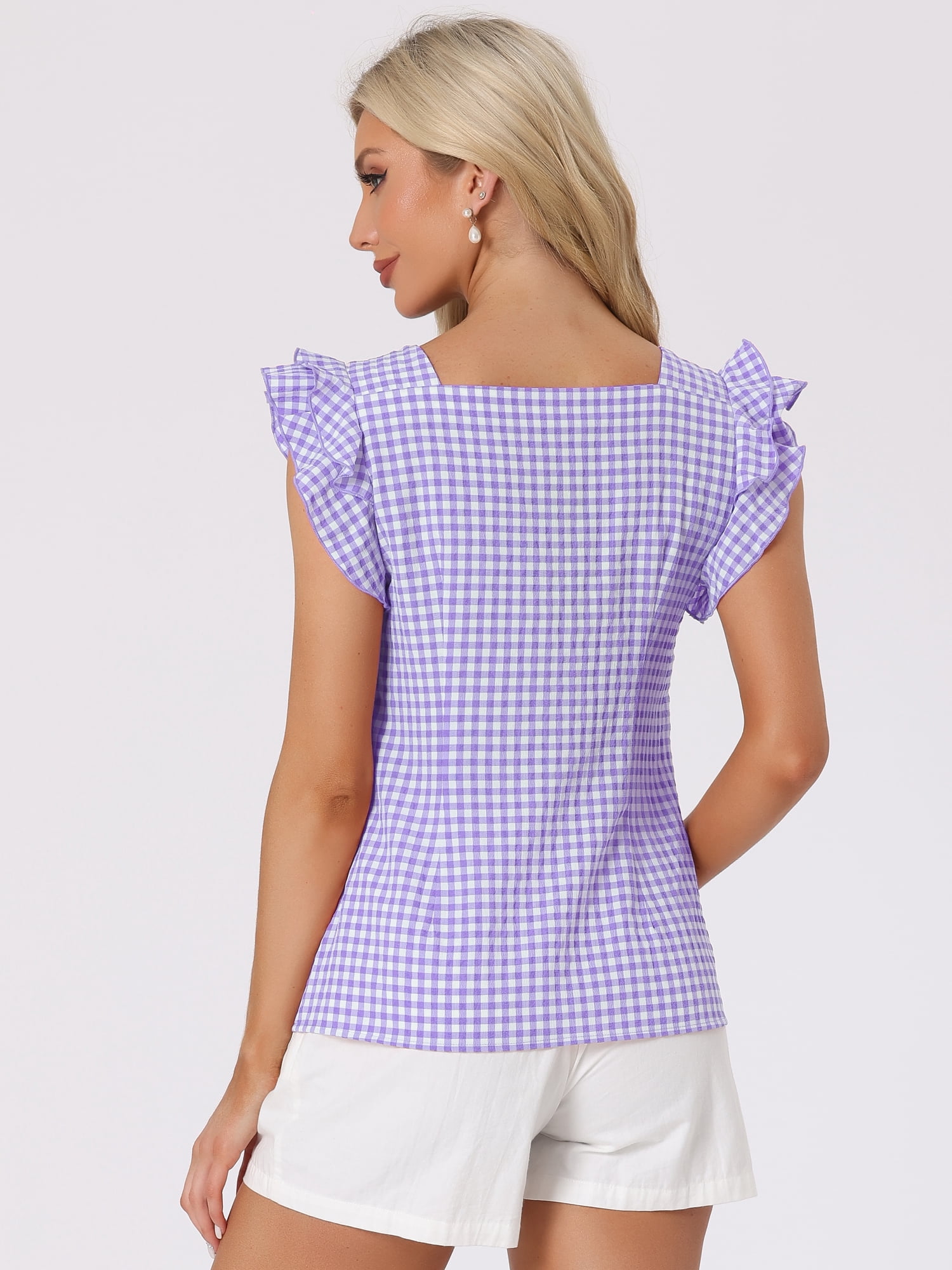 DARING DIVA Square Neck Ruffle Sleeve Blouse L Purple