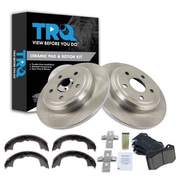 TRQ Rear Brake Pad & Rotor Kit Brake Pads Brake Rotor Parking Brake Shoe Set Ceramic Fits Select 2018-2019 Dodge Durango 2012-2019 Jeep Grand Cherokee