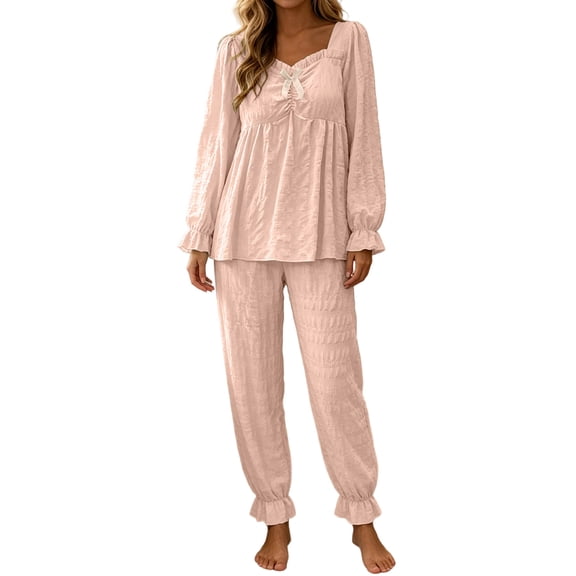 HAiming 2 Piece Womens Pajama Sets Long Sleeve Smocked Casual Shirts Comfy Pants Lounge Sets Fall Winter Sleepwear