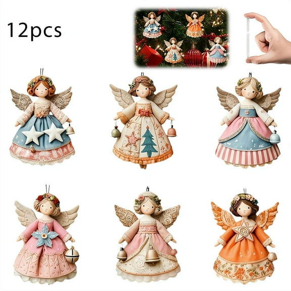 12 Pcs Vintage Wooden Angel Christmas Ornaments, 2D Hanging Decorations with Wings, Small Angel Figures for Xmas Tree & Home Decor, Holiday Parties