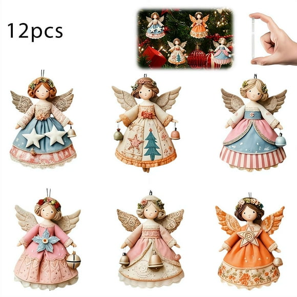 12 Pcs Ornements de Noël Angéliques Vintage en Bois, Décorations Suspendues 2D avec Ailes, Petites Figurines d'Anges pour Sapin de Noël et Déco Maison, Fêtes