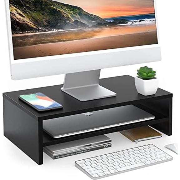 Monitor Stand - 2 Tier Computer Monitor Riser Shelf, Wood Desktop Stand for Laptop Computer Screen, Desk Organization, Office Supplies Black,16.7“