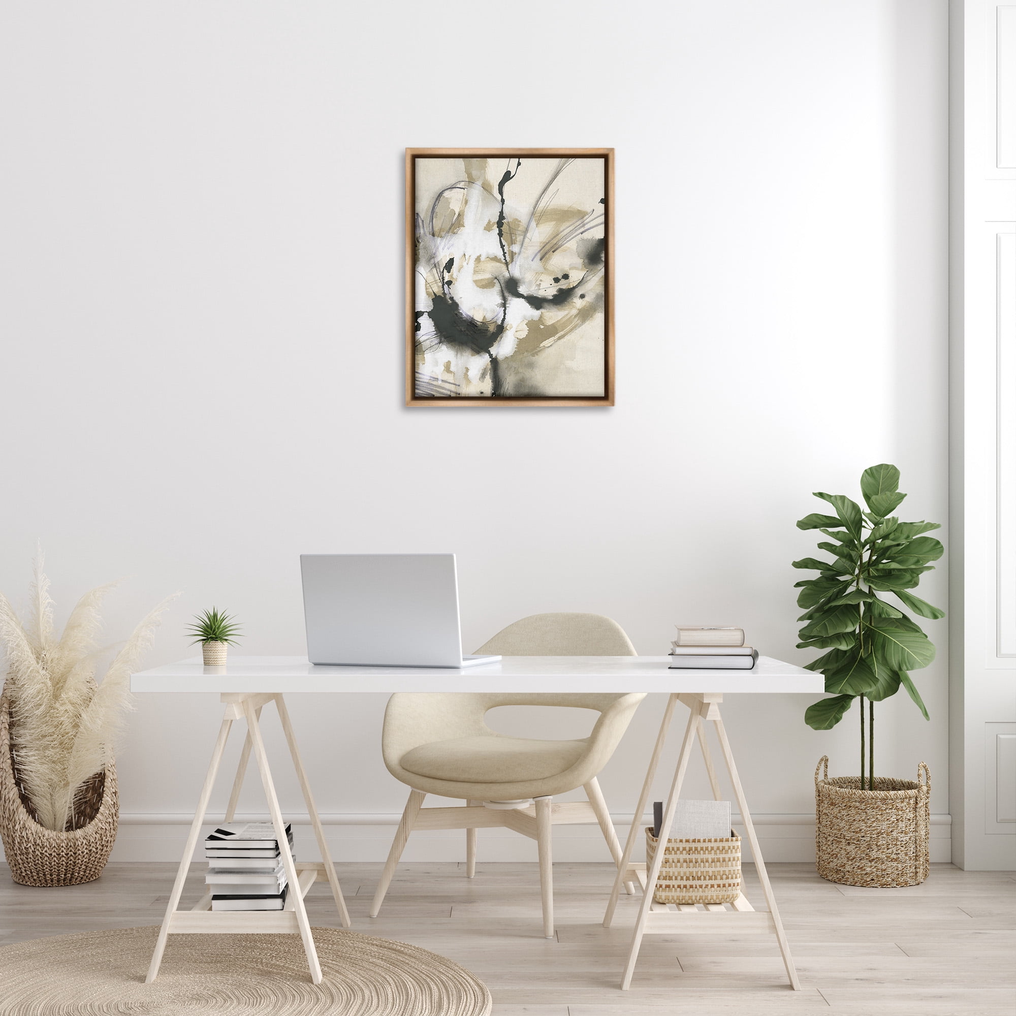 Stupell Industries Fluid Black & Beige Abstract Abstract Painting Brown Floater Framed Canvas Art Print Wall Art, 25 x 31
