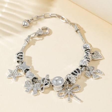 Homlyo Silver Multi-Charms Beaded Bracelet, Star Bow Heart Crystal Dangle Adjustable Extension Chain Bracelet, Sweet Y2K Stackable Charm Jewelry for Women Girls