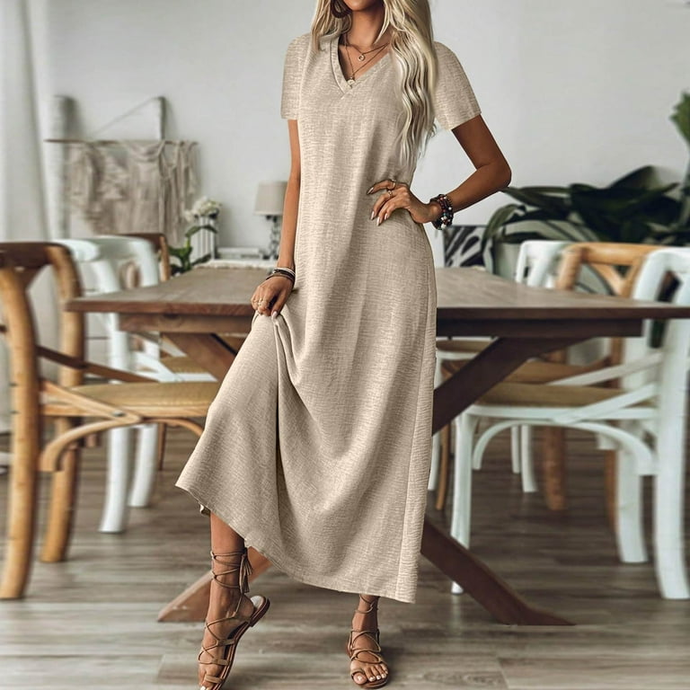 Tianiyouqing Womens Linen Dresses V Neck Flowy Short Sleeve Boho