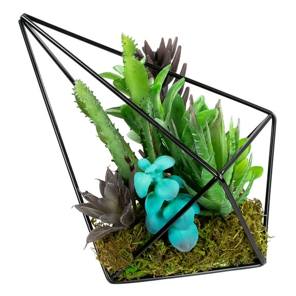 Northlight 6.75" Succulent Artificial Arrangement in Black Wire Terrarium - Green/Black