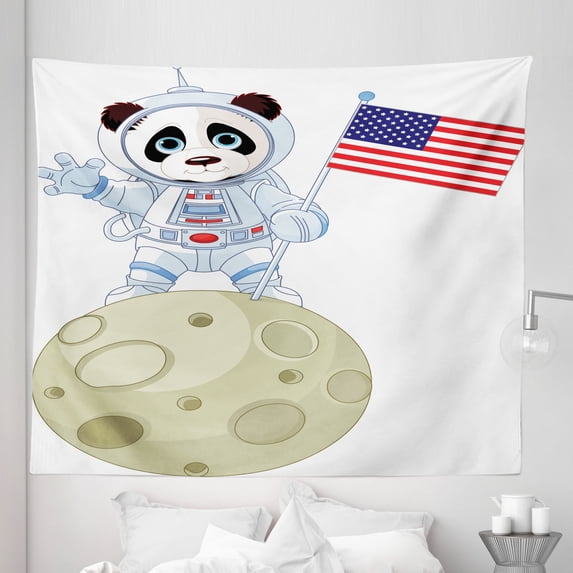 Panda Tapestry, Panda Astronaut on the Moon Holding USA Flag Moonwalk Imagination Fantasy Picture, Fabric Wall Hanging Decor for Bedroom Living Room Dorm, 5 Sizes, Red Navy White, by Ambesonne