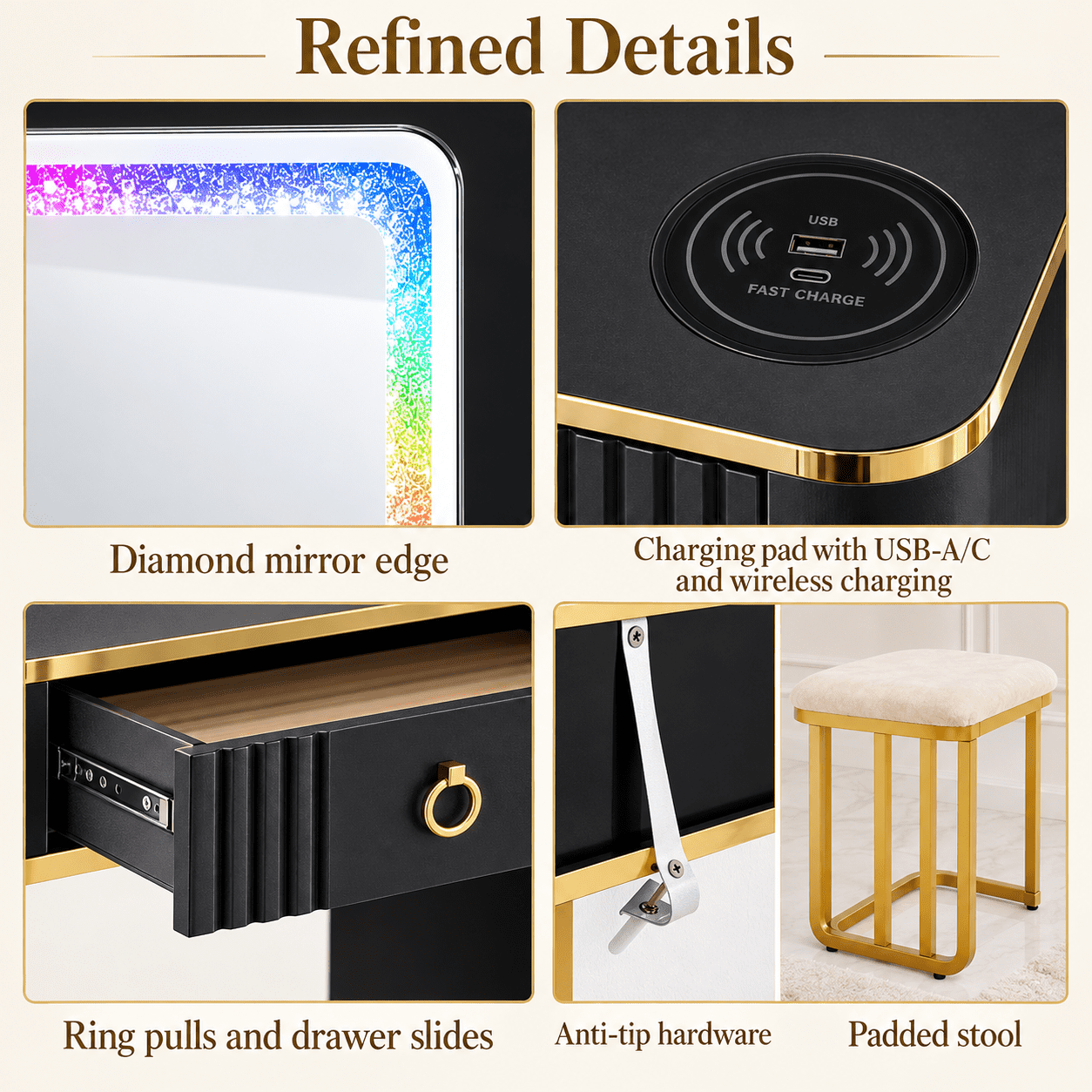 Furnibear Vanity Table Set with RGB LED Lights, Makeup Vanity Desk with Wireless Charging Station, Storage Shelves, Cabinet and Cushioned Stool, Black