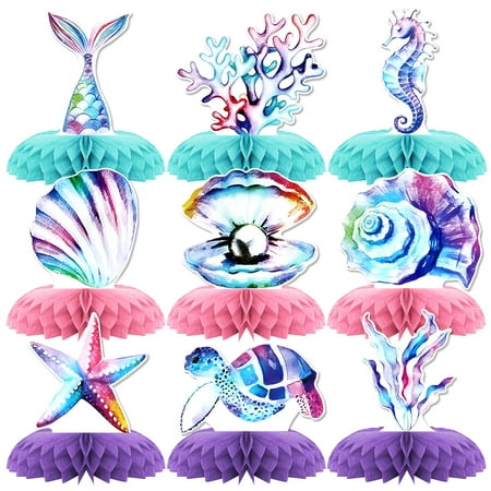 Mermaid Theme Party PriNst Decorations,9 PCS KSKSPE Mermaid Centerpieces for Tables Honeycomb Centerpieces 3D Mermaid Theme Party Decor Supplies Boys Girls