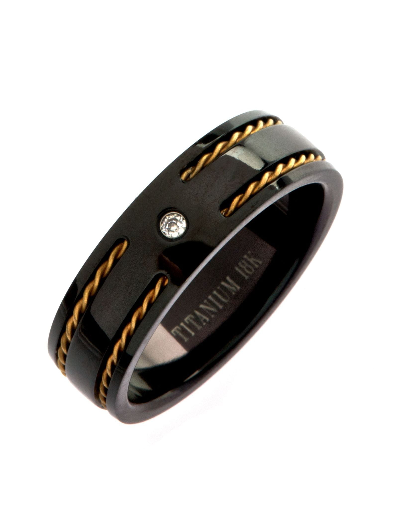 7mm Black Titanium Wedding Band With 2 Cable Embedded In Grooves 2mm CZ. Ring