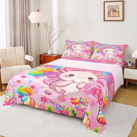 Manfei Cartoon Animal Axolotl Twin Sheet Sets,Kawaii Ocean Animal Twin Fitted Sheet,Colorful Candy Pink Daisy Flat Sheet For Teens,Ultra Soft Home Decor,3 Pieces