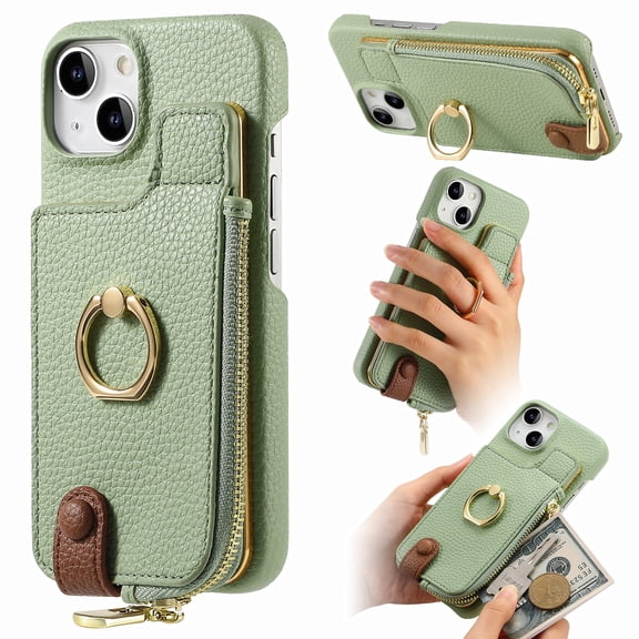 Wallet Case for iPhone 15, [Support Car Mount], Business PU Leather Ring Kickstand Cover with Card Slots & Zipper Pocket, RFID Blocking Shockproof Protective Case, Mint