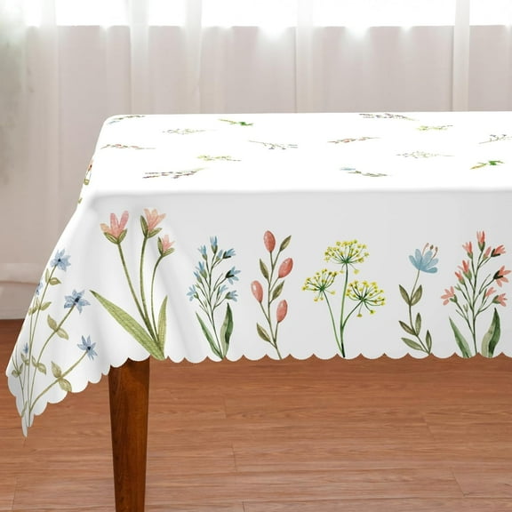 Spring Tablecloth 52x70 Inch Rectangular, Watercolour Floral Flower Home Decor Seasonal Summer Table Cover Scallop Edge Table Cloth Table Decorations