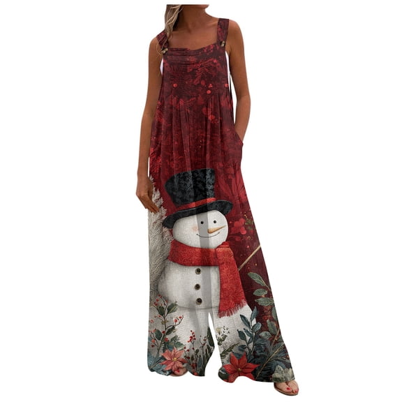 Women's Christmas Print Wide-Leg Strapless Tank Jumpsuit, Casual Style with Pockets, Black, Size L