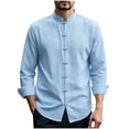 thumbnail image 3 of UVEASISHA Mens Cotton Linen Shirts Roll Up Long Sleeve Stand Collar Beach Shirt Lightweight Casual Chinese Frog Button Work Shirts Solid Color Collarless Tops Light Blue 3XL, 3 of 10