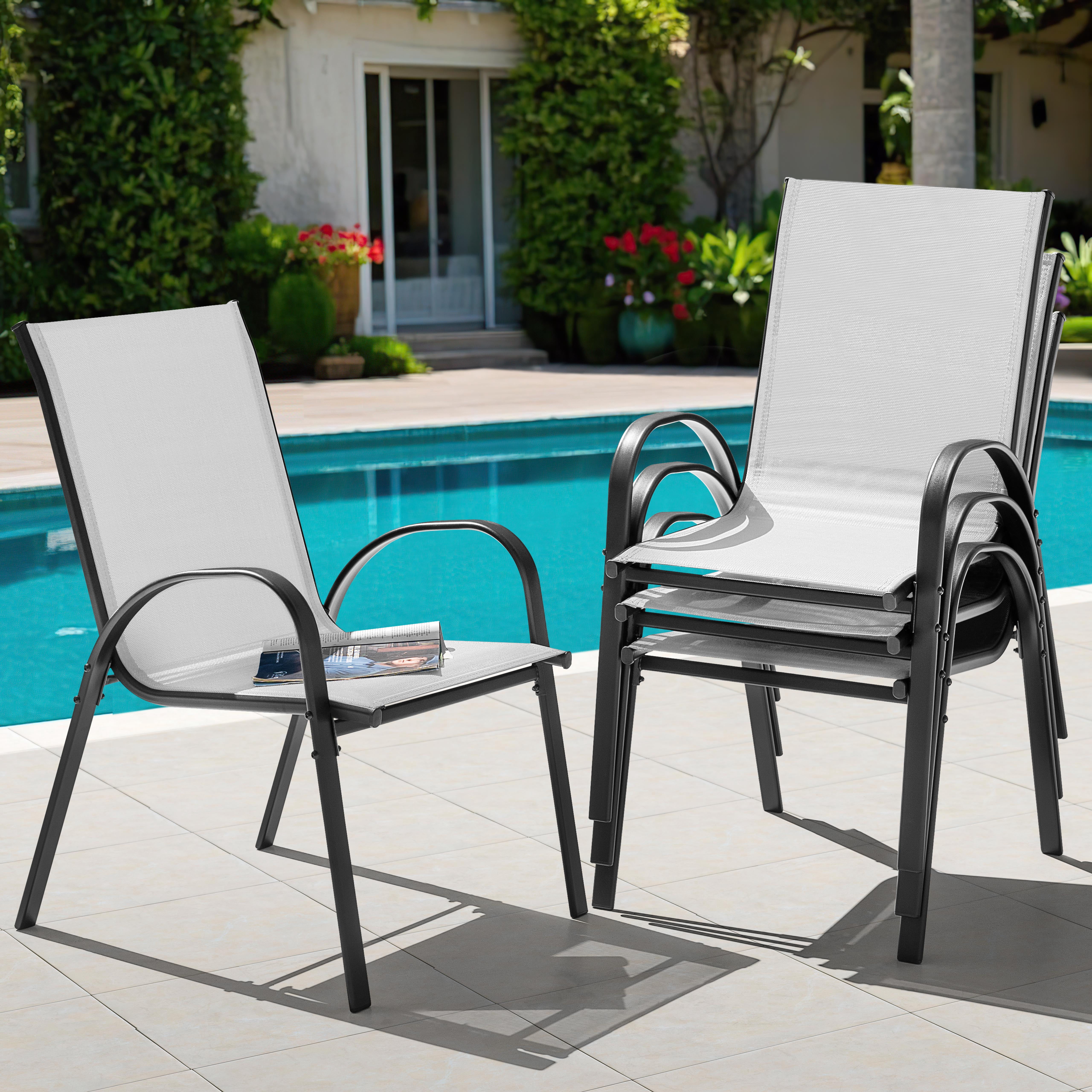 Nuu Garden Patio Chairs Set of 4, Outdoor Stackable Dining Chairs for All Weather, High-Density Textilene Outdoor Chair Set with Armrests for Backyard Porch Poolside Garden, Gray and Black