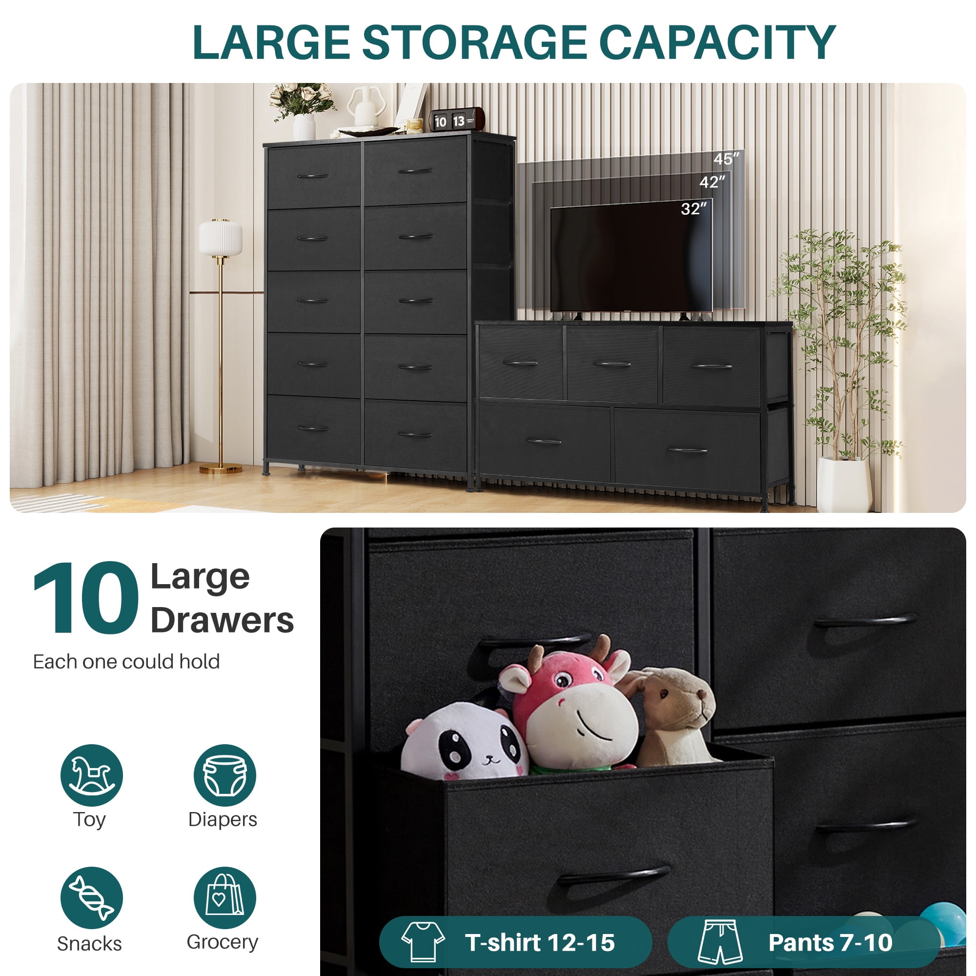 Nextay 10-Drawer Fabric Dresser for Bedroom, Storage Dresser Closet with Steel Frame & Wooden Top for Living Room, Dressing Room, Entryway, Black
