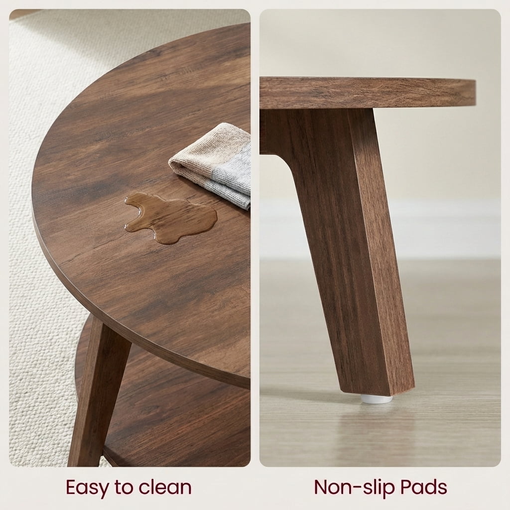LEDREM Mid-Century Round Coffee Table, 2 Tiers Design, 66lb Capacity, Modern Minimalist Style, Quick Assembly, Ideal for Small Space & Apartment, Brown