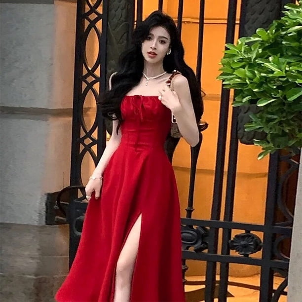 Vestido Midi francés blanco con tirantes para mujer, elegante vestido informal de noche para fiesta, sin mangas para playa, rojo con cordones, coreano, 2023