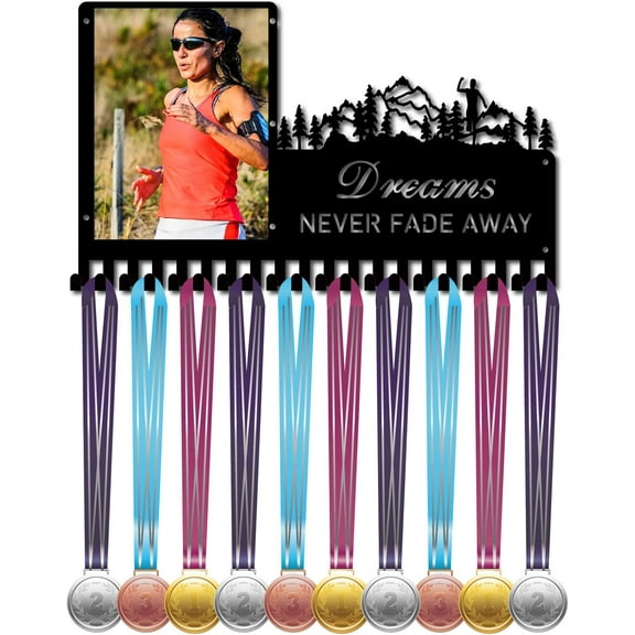 Running Medal Hanger Display Medals Holder Rack with Photo Frame Metal Sports Hanging Athlete Awards Wall Mount with 20 Hooks for Marathon Ribbon Medals 16.5x9.8Inch-Dreams Never Fade Away