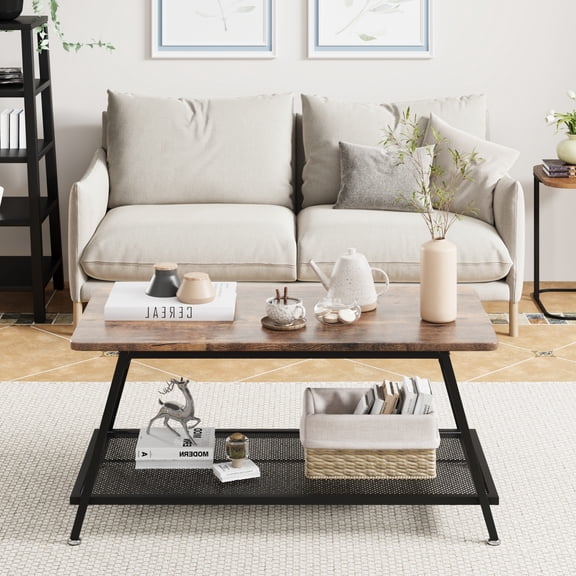 Coffee Table, 2-Tier Center Table with Wood Legs and Thickened Top, Coffee Tables with Storage Space for The Living Room with Rounded Corners, Side Table for The Home Office,Brown