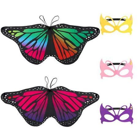 Fancyleo 2 pcs Butterfly Wings Costume, Kids Fairy Butterfly Shawl and 3 pcs Mask for Boys Girls Dress Up Princess Pretend Play Party Favors