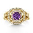 thumbnail image 2 of Gem Stone King 18K Yellow Gold Plated Silver Purple Amethyst and White Moissanite Ring for Women (1.88 Cttw, Gemstone Birthstone, Cushion Cut 6MM, Size 9), 2 of 4