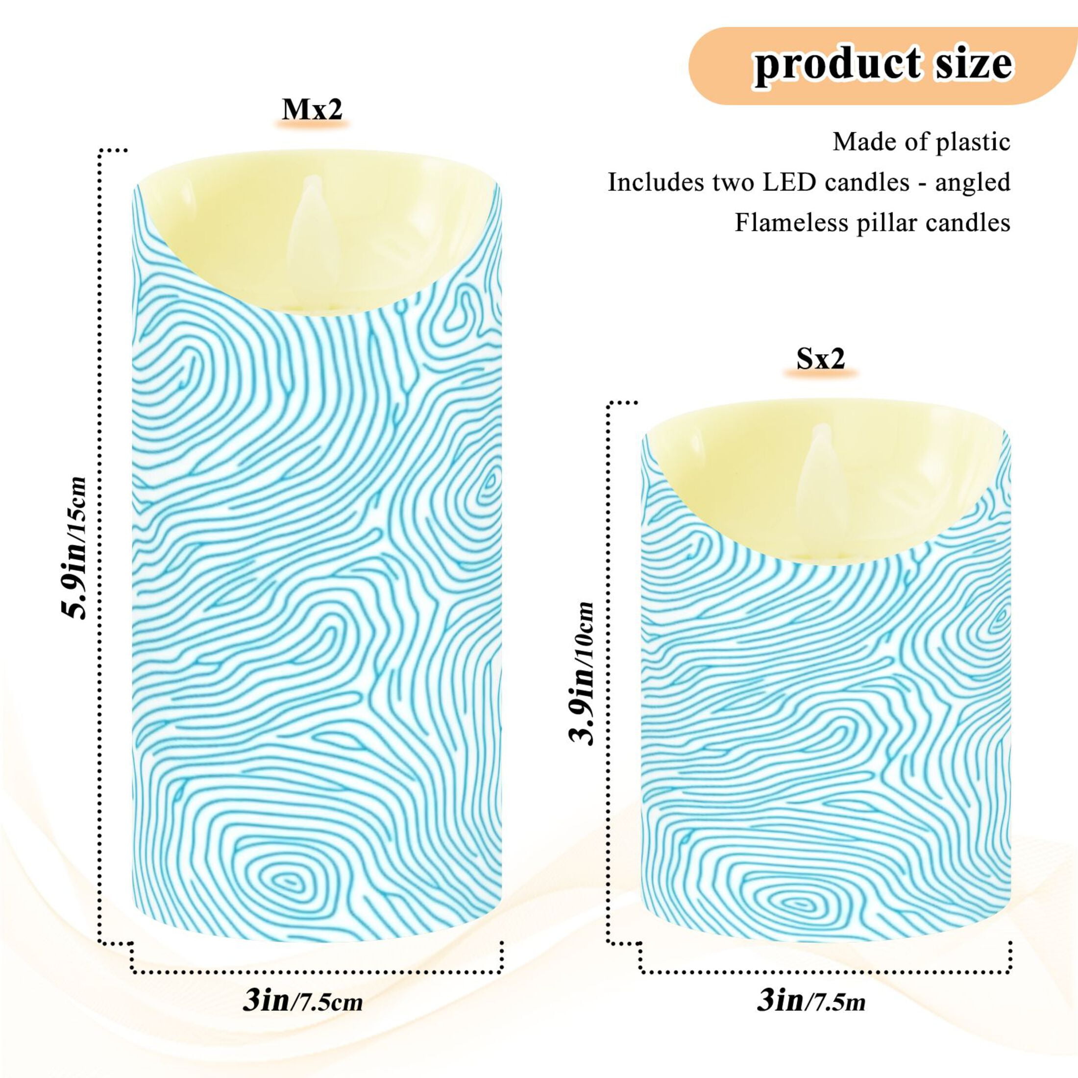 Blue Wave Pattern Flameless Candles 2 PCS with Remote Realistic Moving Flame LED Tapered Pillar Set for Home Decor