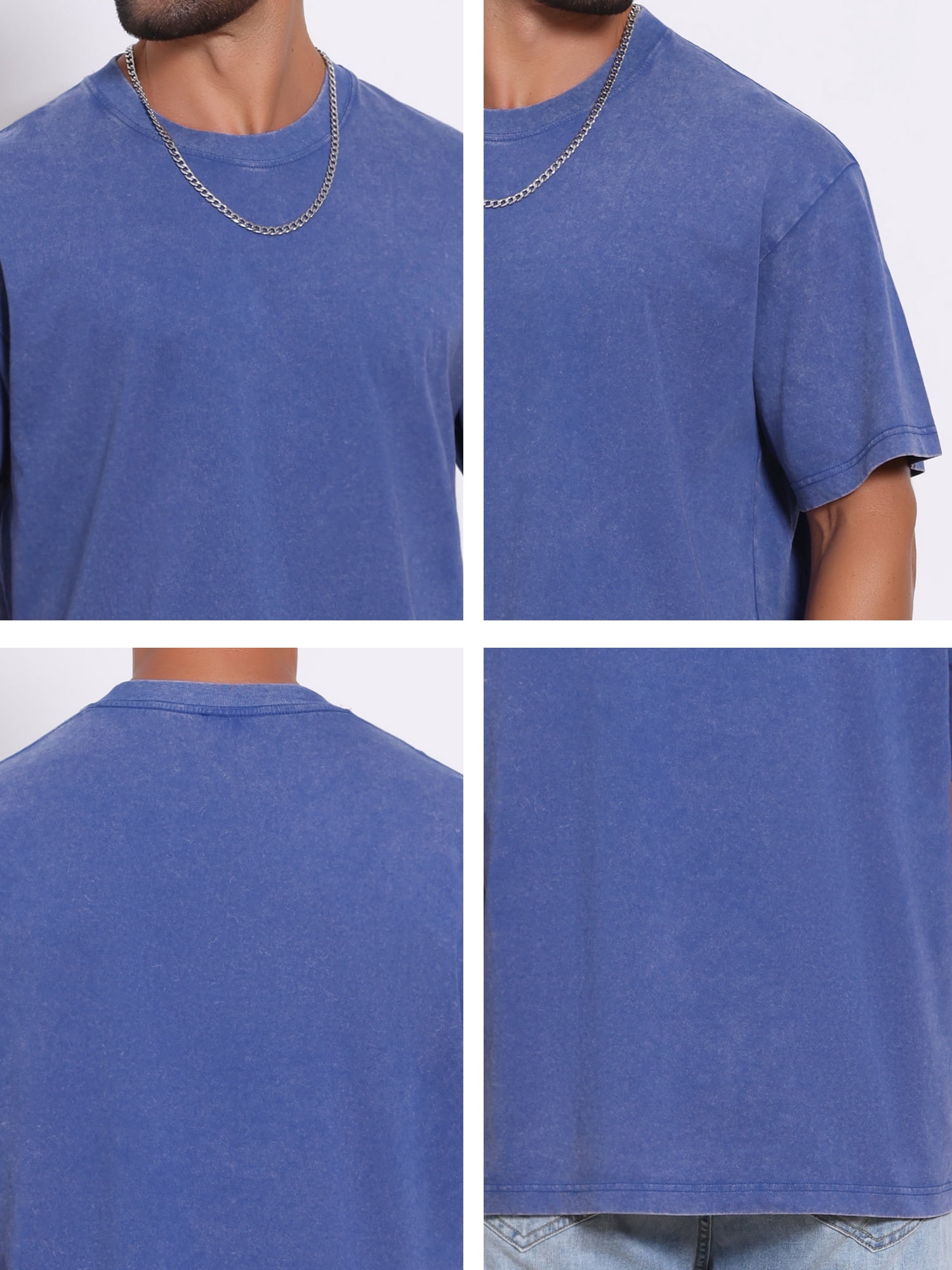 DARING DIVA Men's Retro Distressed Crew Neck Short Sleeve Solid T-Shirt 2XL Blue