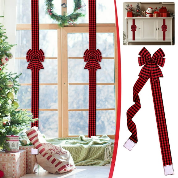 Christmas Garland for Tree Christmas Red And Black Plaid Bow Ribbon for Cabinet Decoration Extra Long Stairway Christmas Garland