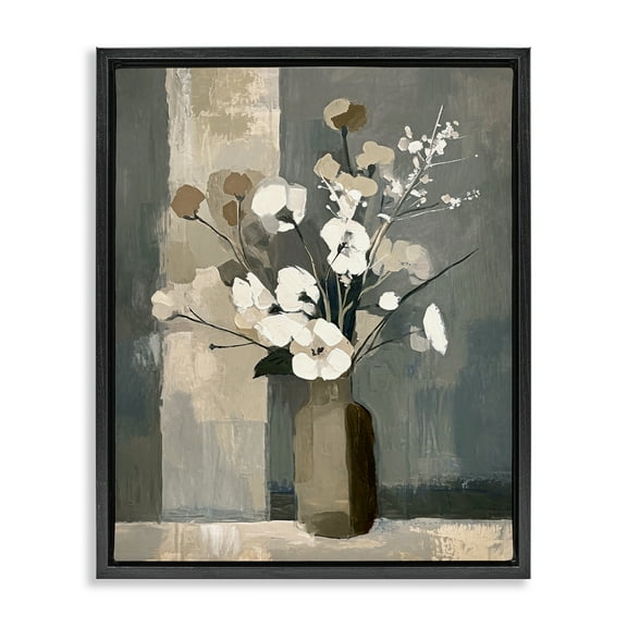 Stupell Industries Neutral Floral Vase Botanical & Floral Painting Black Floater Framed Canvas Art Print Wall Art, 17 x 21