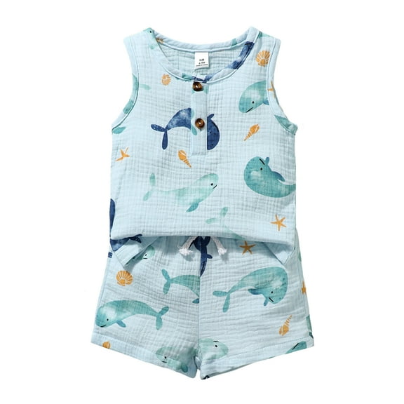 18 Months Baby Boys Outfits 24 Months Boys 2PCS Summer Short Sets Toddler Boys Sleeveless Dolphin Print Top Shorts Set Blue