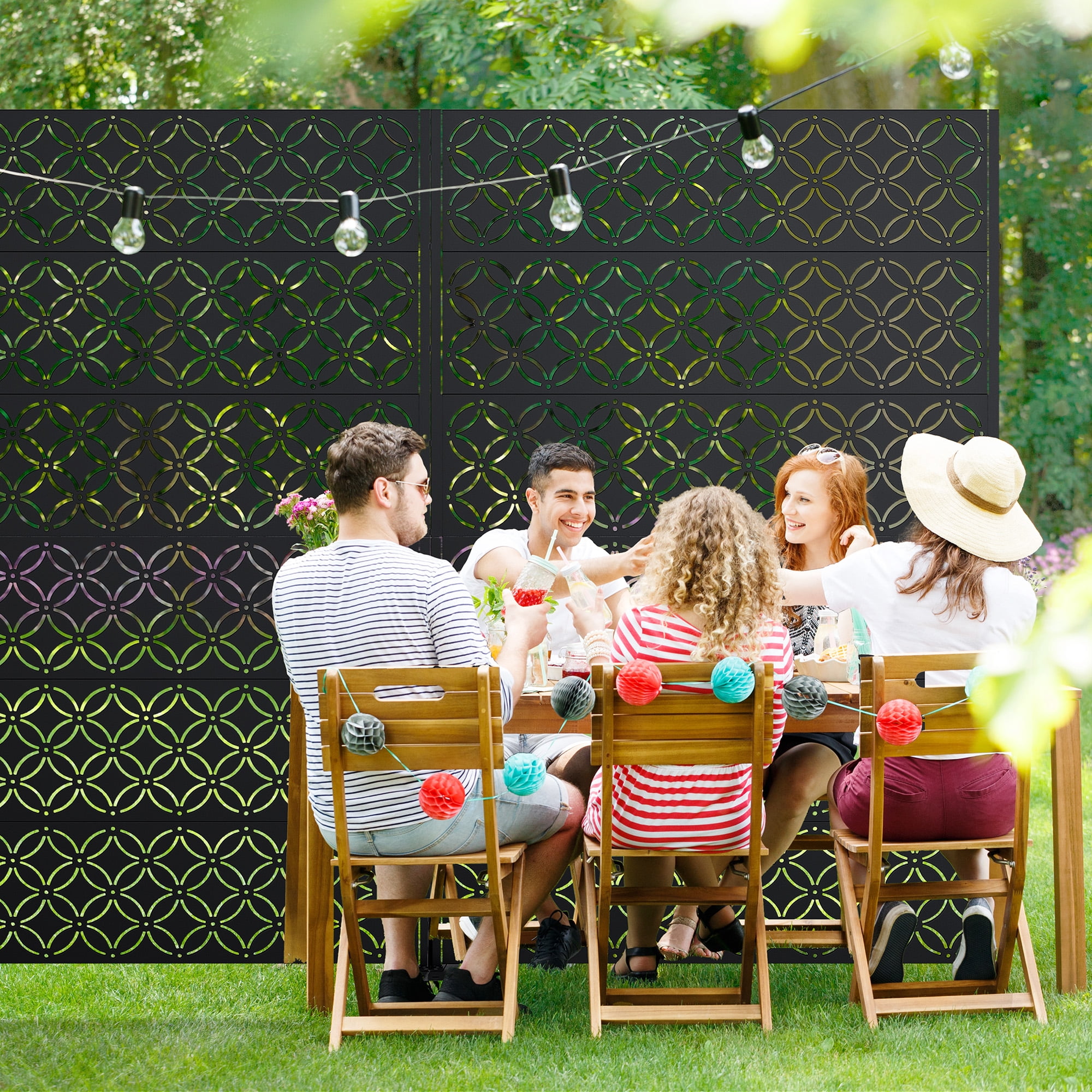MAYEERTY 72*47" Outdoor Black Metal Privacy Panel Screen for Patio, Coin Pattern