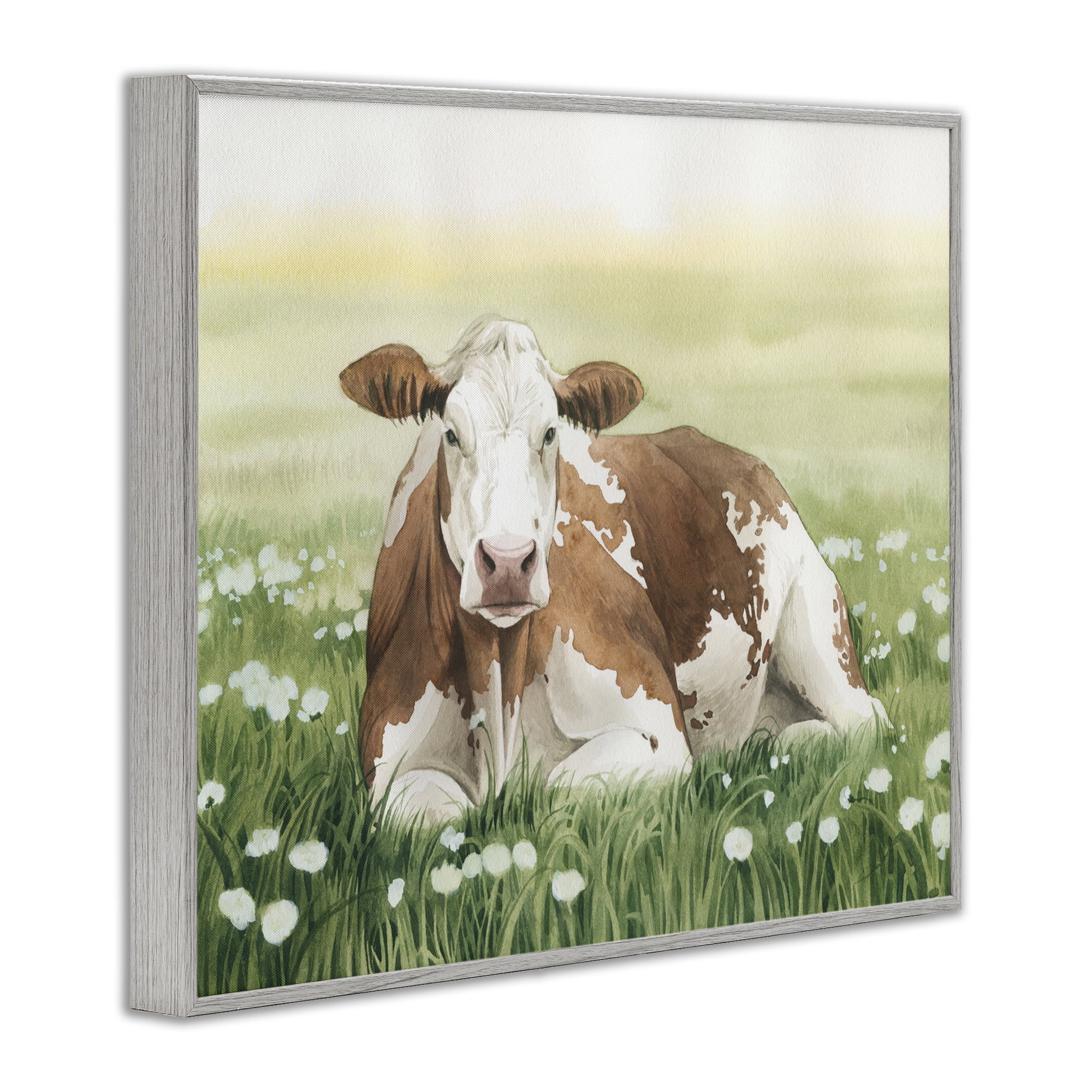 Stupell Industries Cow & Meadow Blossoms Animals & Insects Painting Gray Framed Art Print Wall Art, 20 x 16