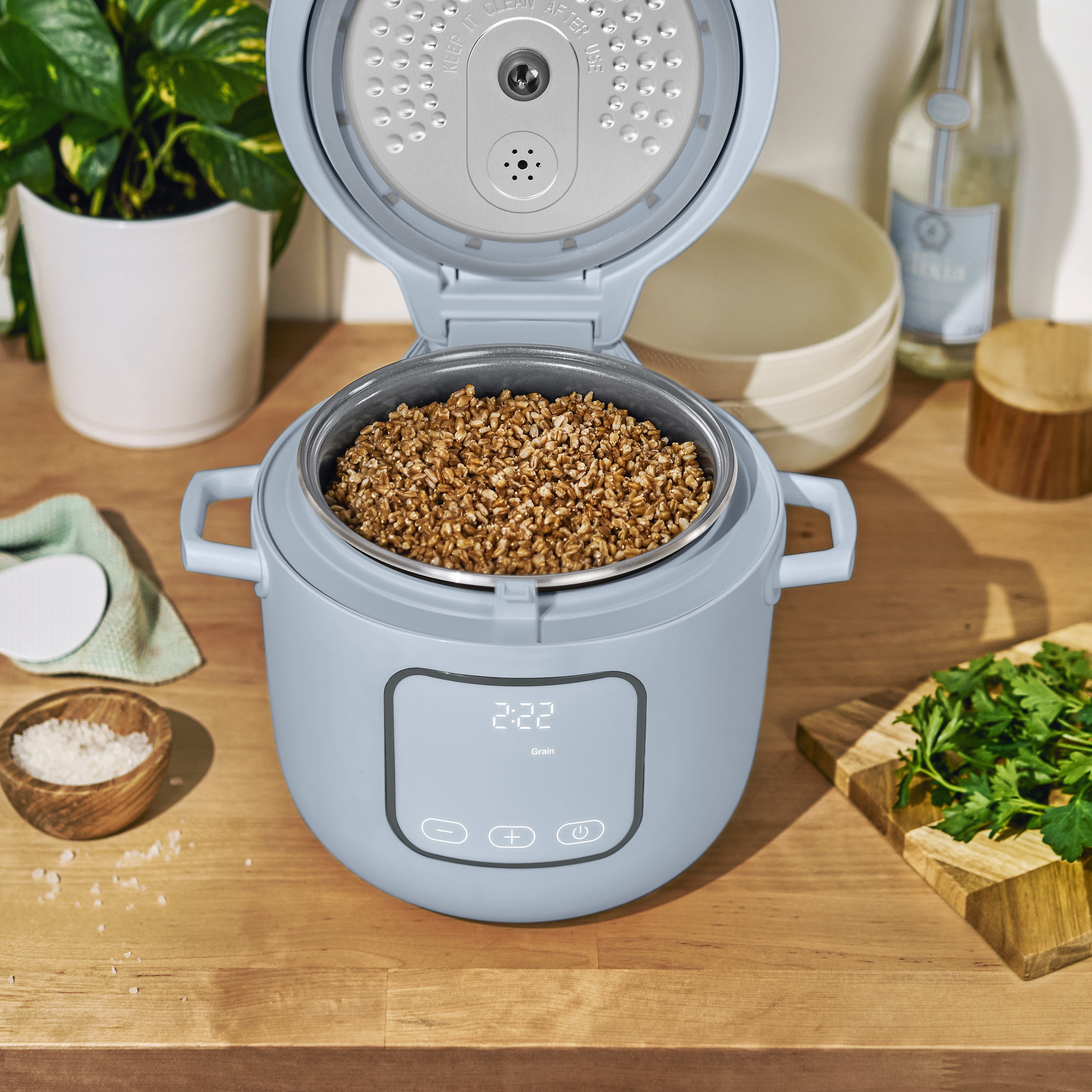 Beautiful 14-Cup Cooked, 6-Cups Uncooked Electric Rice and Grain Cooker, EverGood™ Ceramic Nonstick Coating, Cornflower Blue by Drew Barrymore