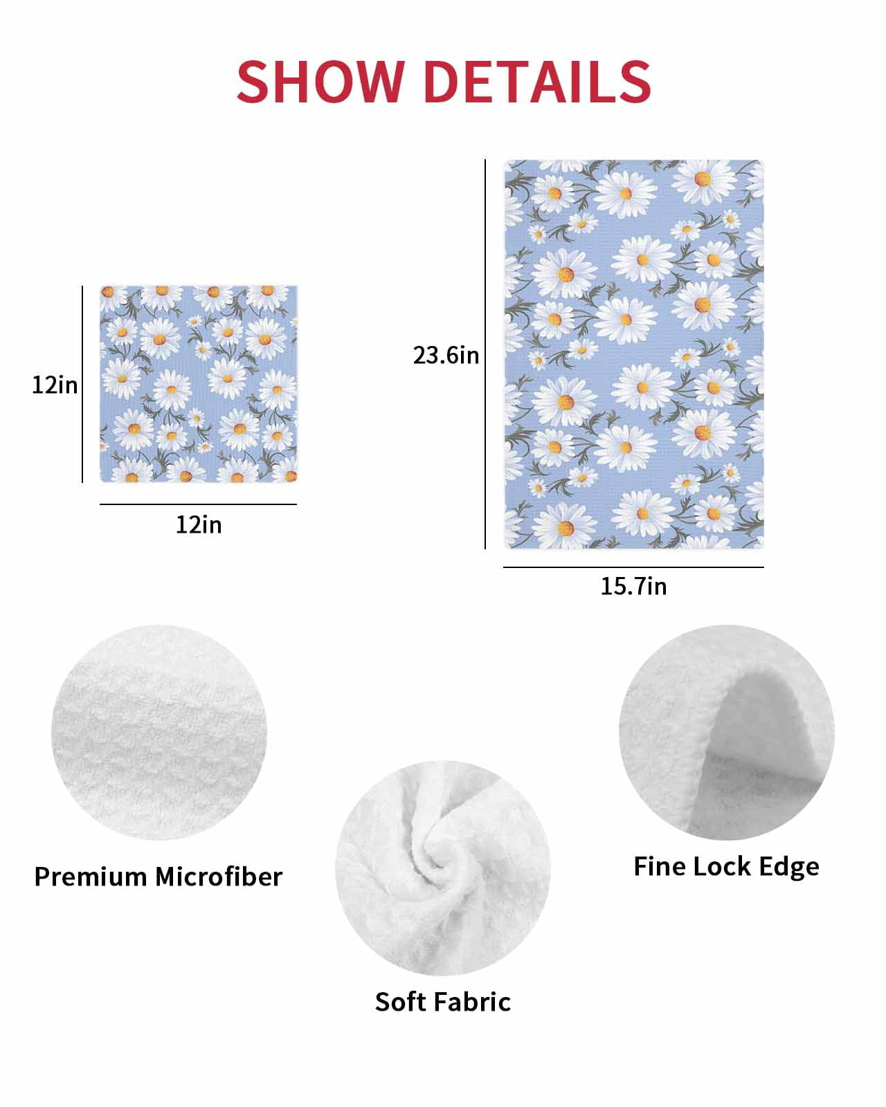 Blue Daisy Dish Towels Set, Waffle Weave Kitchen Towels 3 Pieces, Spring Floral Summer Botanical Watercolor Microfiber Hair Face Bath Tea Towel Absorbent Quick Drying Cleaning Dish Cloths, 12"x12"