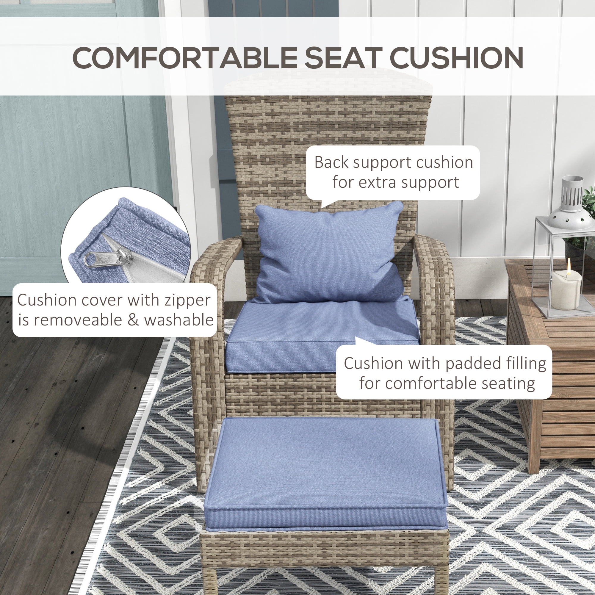 Comfortable,Soft Upholstered Cushions and Footstools,Patio Wicker Adirondack Chair with Ottoman,Outdoor Fire Pit Chair with Cushions, High-Back,Large Seat & Armrests for Deck,Garden & Backyard,Gray