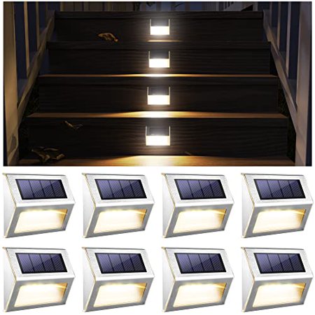 

JACKYLED Solar Fence Lights Outdoor Warm White 8 Pack Stainless Steel Solar Powered LED Outdoor Solar Deck Lights Dusk to Dawn Waterproof Outdoor Step Lighting for Stairs Steps Paths Patio