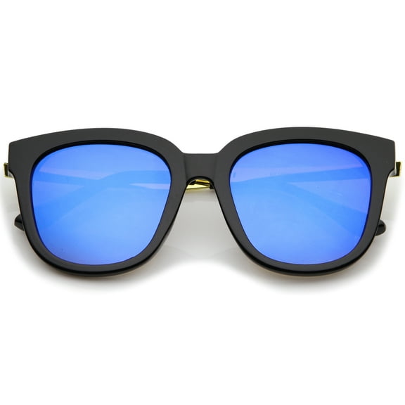 sunglassLA Unisex Modern Horn Rimmed Metal Temple Square Mirror Flat Lens Cat Eye Sunglasses 54mm (Black-Gold / Blue Mirror) - 54mm