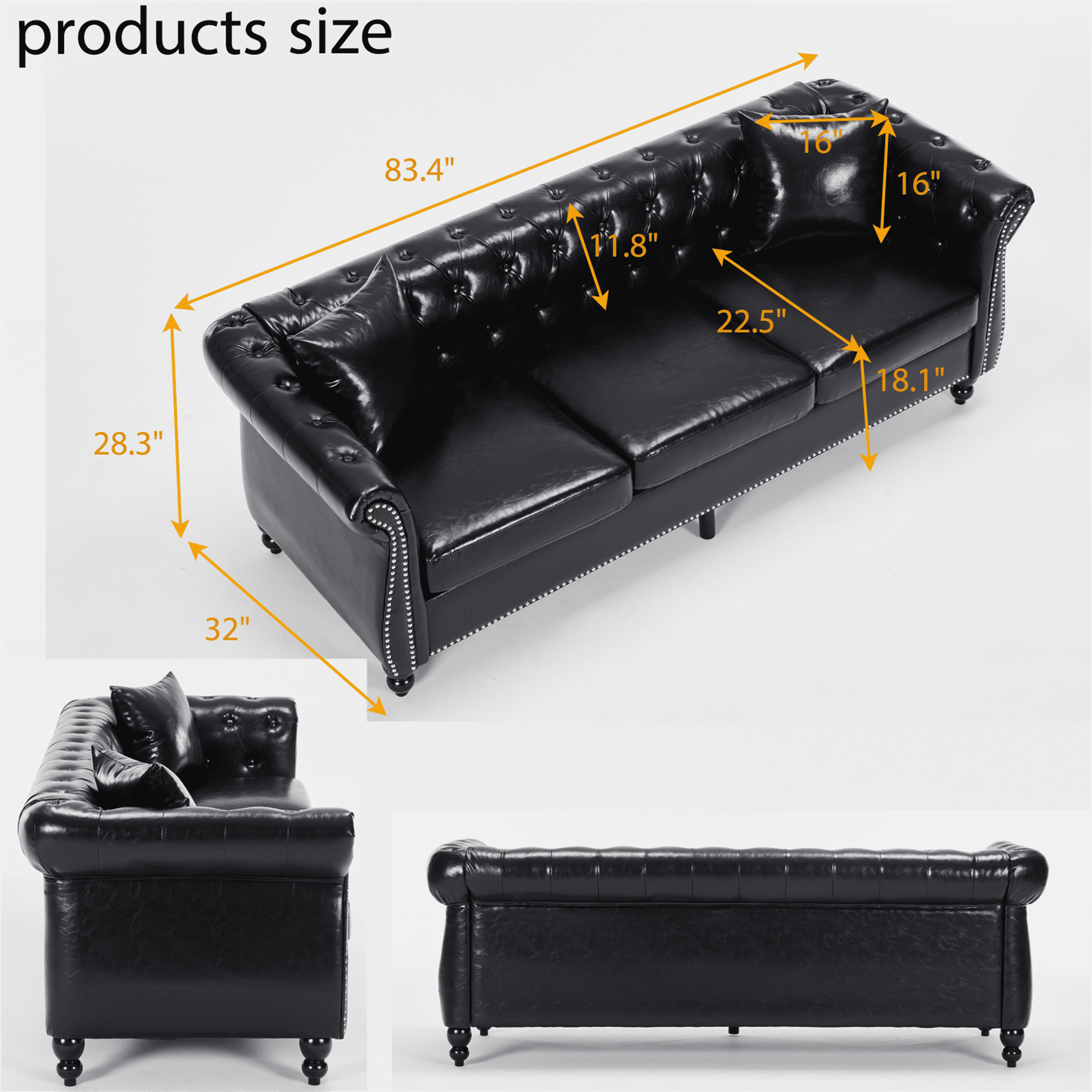 Yeahumalia 83.4'' 3-Seater Chesterfield Sofa Upholstered Sofa Padded Seat, Button Tufted Sofa with Nailhead Trim and Backrest, Faux Leather Couch, Black