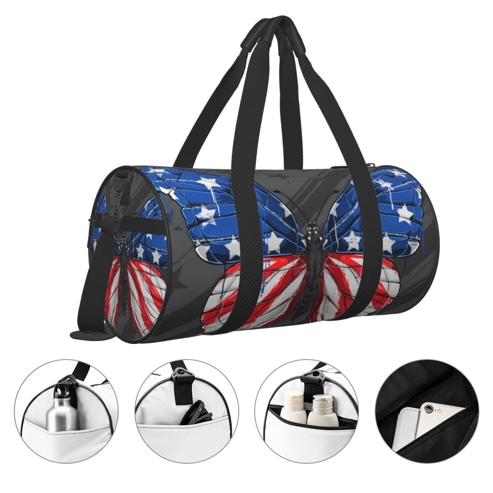 Vsdgher Butterfly With USA Flag 45L Foldable Duffel Bag, Sports Gym Bag,Overnight Bag, Portable Weekender Bag for Airplanes