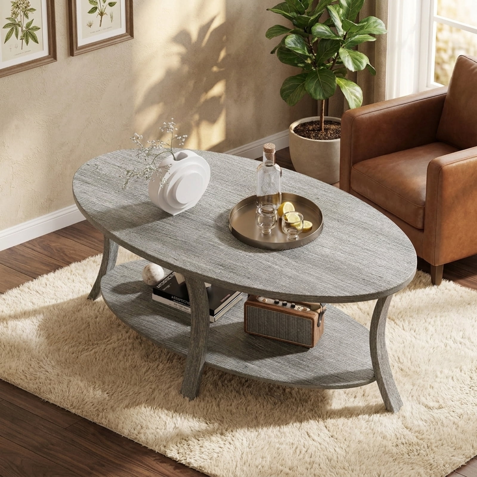 Furnibear Oval Coffee Table 2-Tier Center Table with Storage Shelf - Gray - Living Room Cocktail Center Table