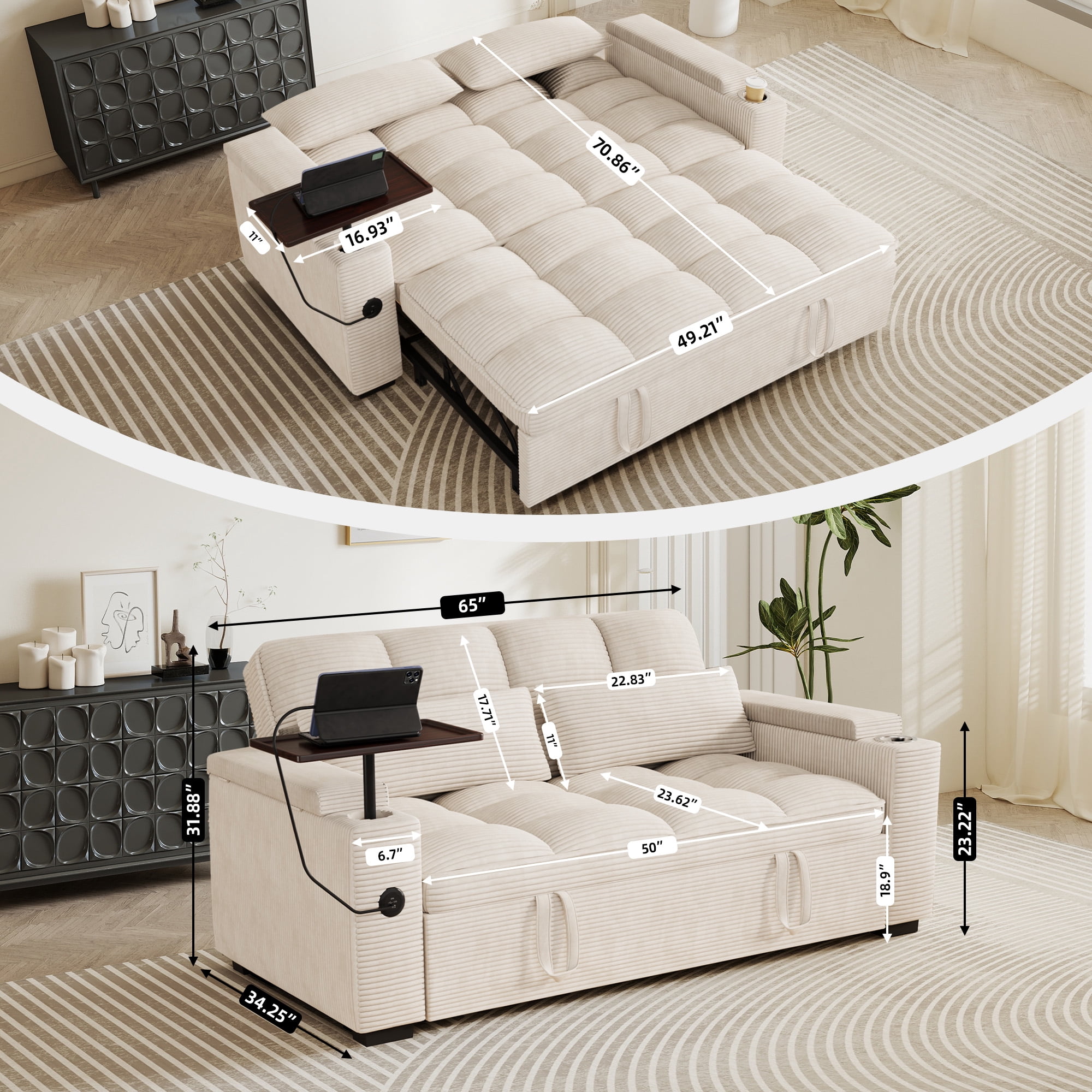 Aukfa 65"W Convertible Sofa Bed with Storage, 3-in-1 Corduroy Queen Sleeper Sofa Couch with 360° Swivel Side Table & USB /Type-C Ports,Beige