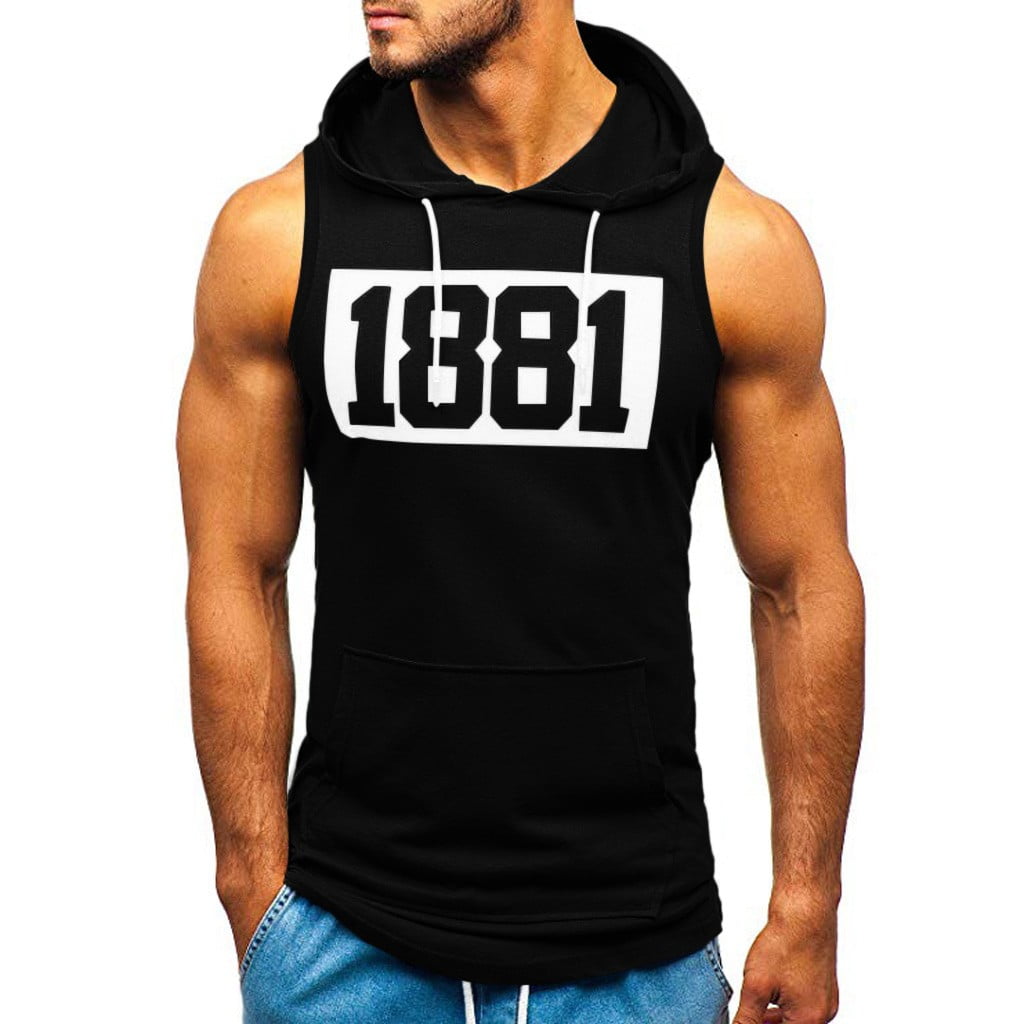 Mens Workout Hooded Tank Tops Fitness Muscle Print Hoodies Bodybuilding with Pocket Tight-Drying Tops 